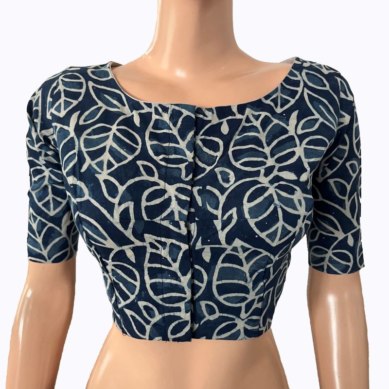 Printed Cotton Boat neck Blouse, Indigo Blue, BP1208 Printed Cotton Boat neck Blouse, Indigo Blue, BP1208