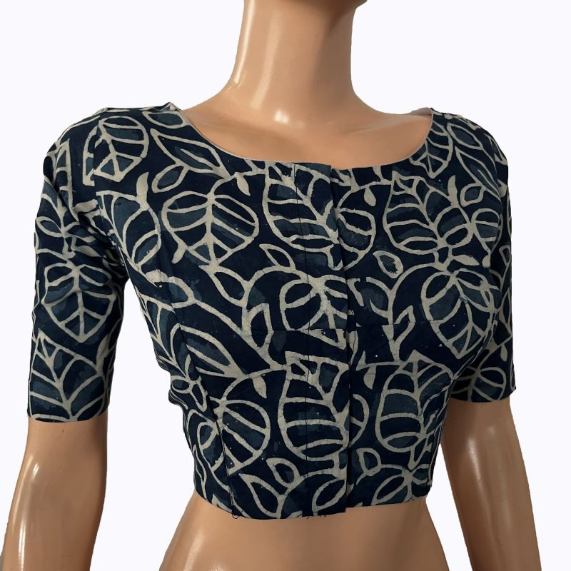 Printed Cotton Boat neck Blouse, Indigo Blue, BP1208 Printed Cotton Boat neck Blouse, Indigo Blue, BP1208