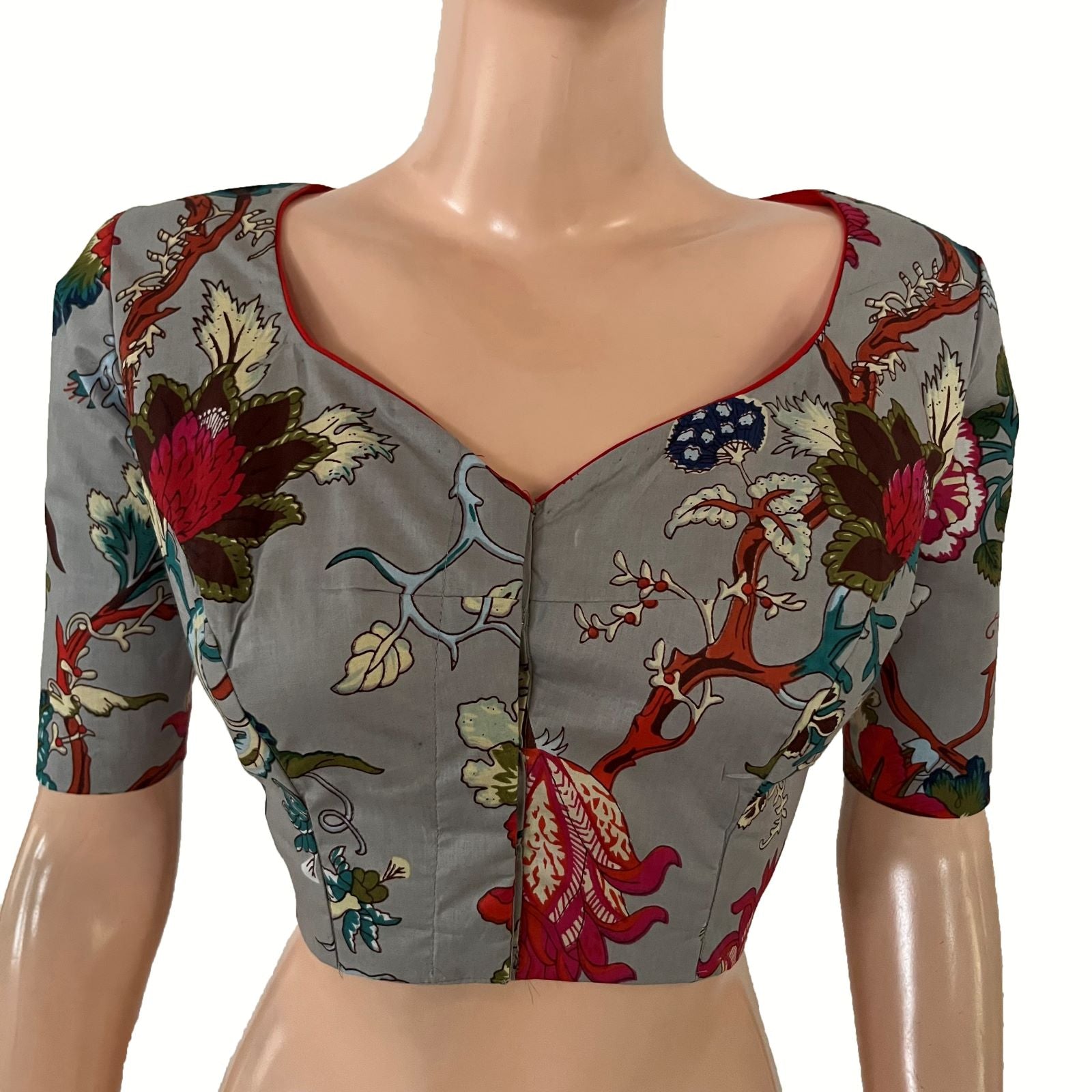 Printed Cotton Y Neck Blouse ,Grey, BP1220