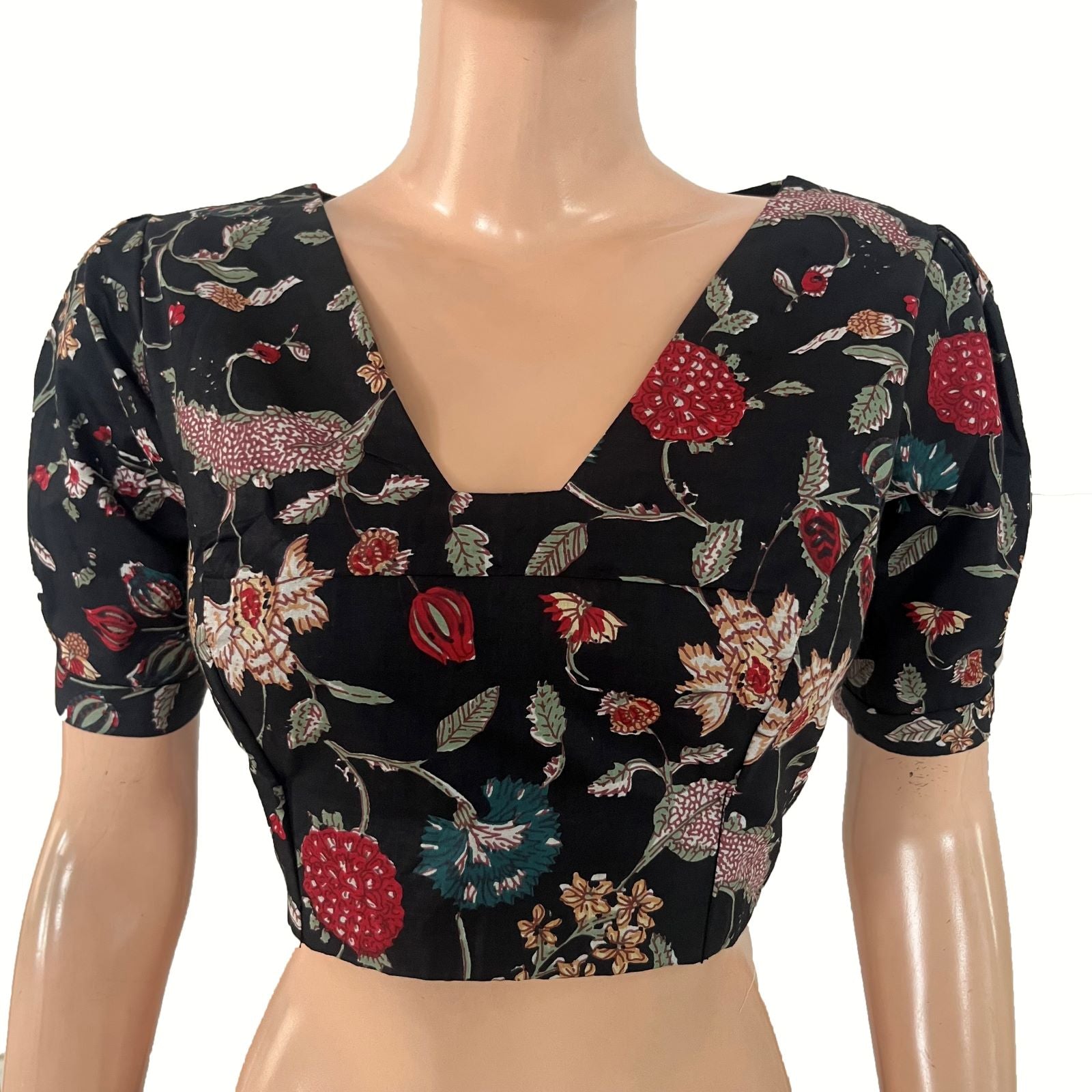 Printed Cotton Back Open Blouse with Triangle Cut in Back and Puff Sleeves ,Black, BP1221