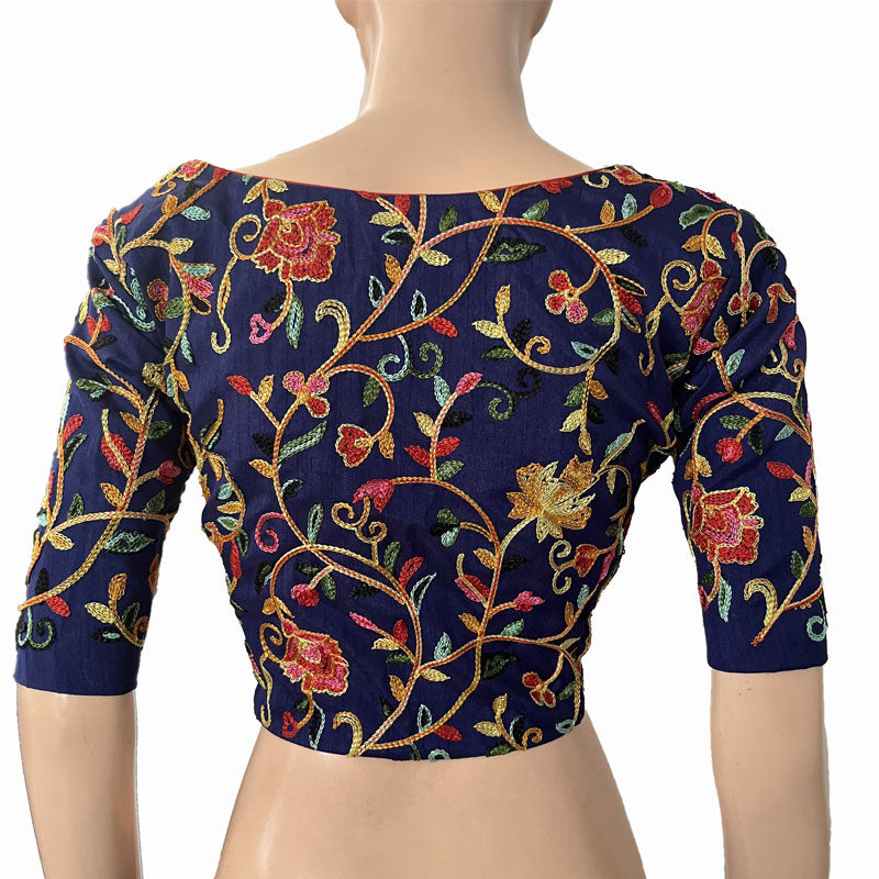 Embroidered Art Silk V neck Blouse with Lining, Royal blue, BS1162