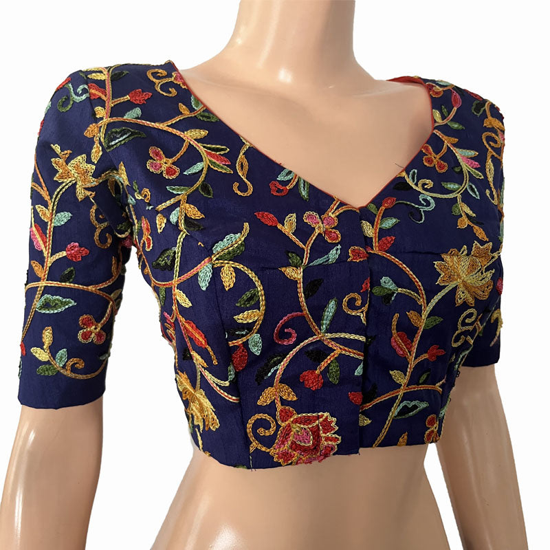 Embroidered Art Silk V neck Blouse with Lining, Royal blue, BS1162