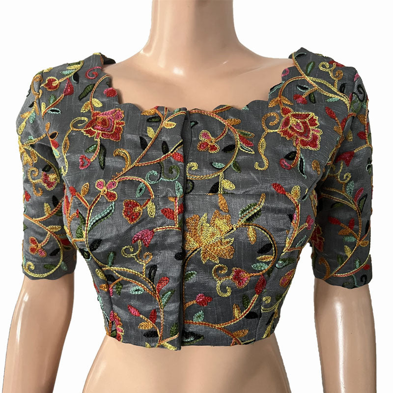Embroidered Art Silk Scallop neck Blouse with Lining, Grey, BS1165