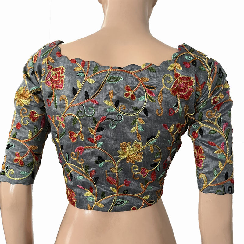 Embroidered Art Silk Scallop neck Blouse with Lining, Grey, BS1165