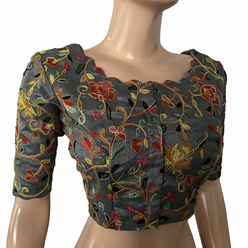 Embroidered Art Silk Scallop neck Blouse with Lining, Grey, BS1165