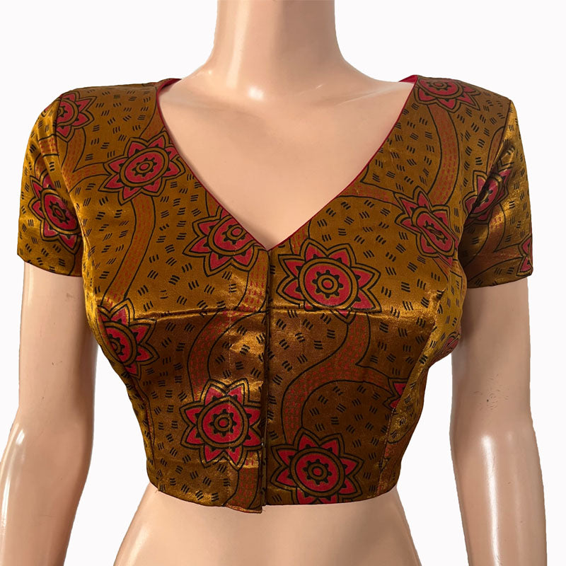 Gajji Silk V neck Blouse, with Short Sleeves & Lining, Mustard, BS1166