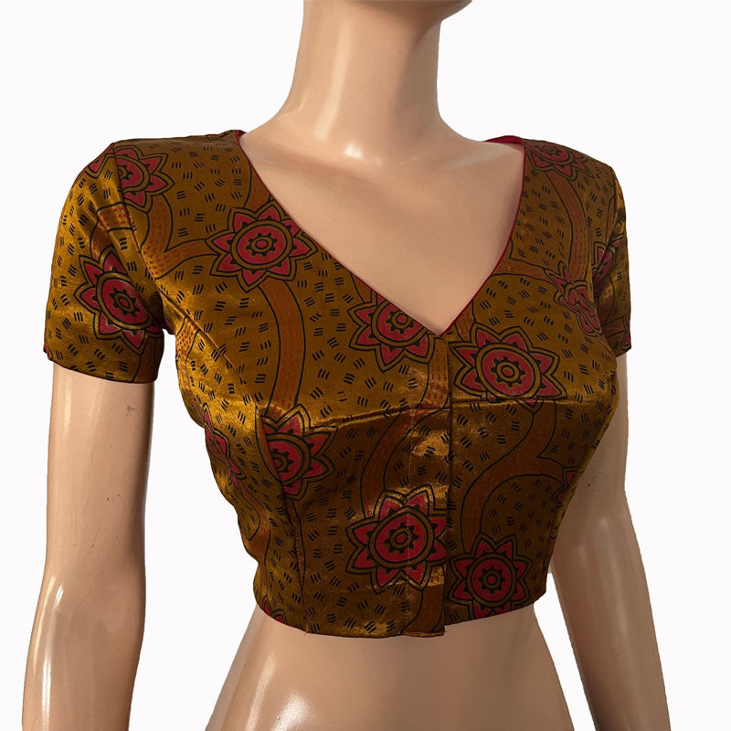 Gajji Silk V neck Blouse, with Short Sleeves & Lining, Mustard, BS1166