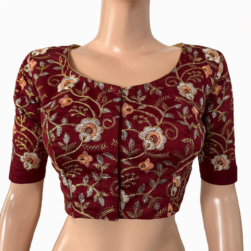 Embroidered Art Silk Round neck Blouse with Lining, Maroon, BS1167