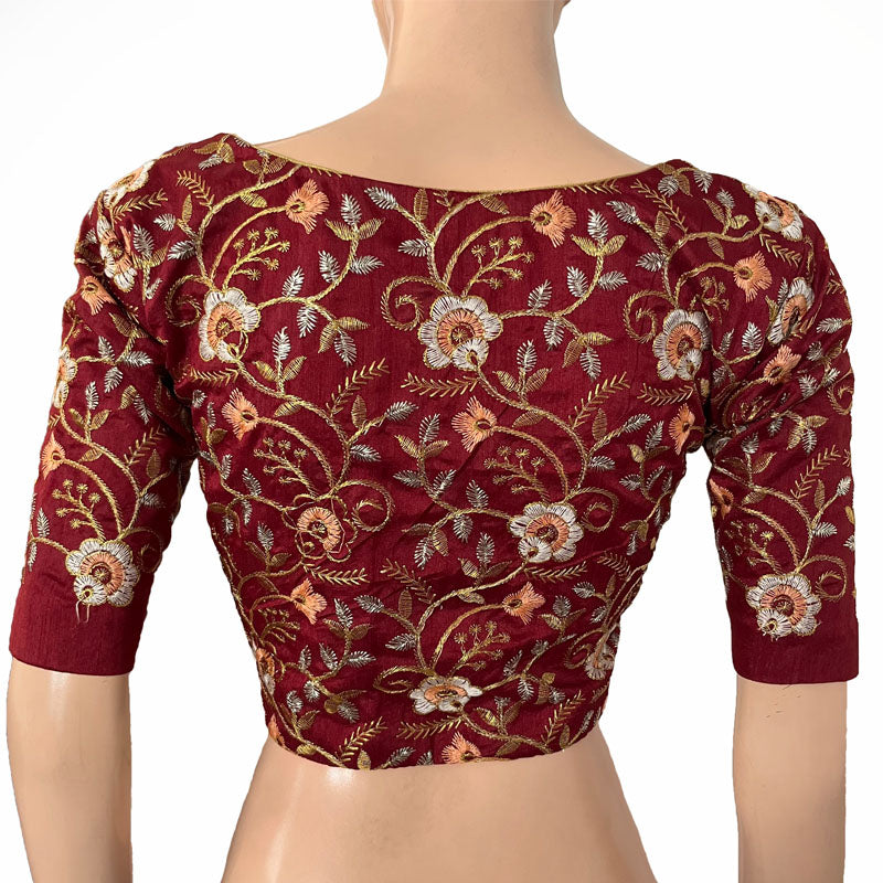 Embroidered Art Silk Round neck Blouse with Lining, Maroon, BS1167