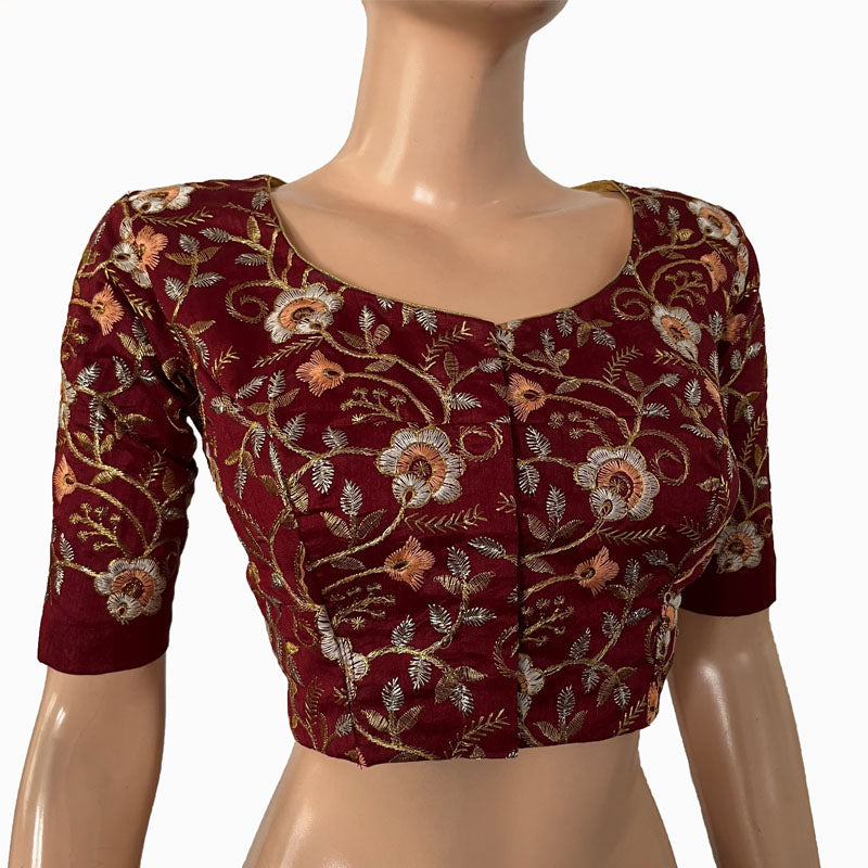 Embroidered Art Silk Round neck Blouse with Lining, Maroon, BS1167