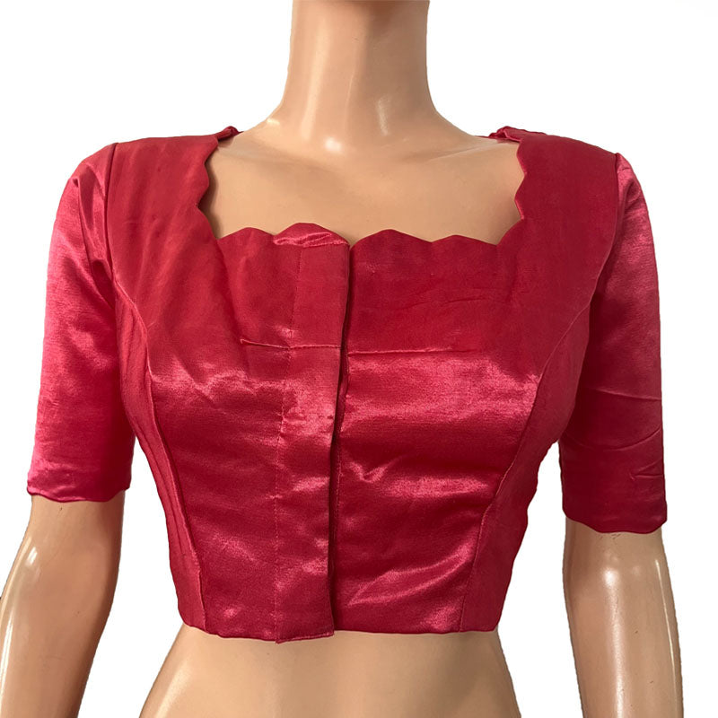 Gajji Silk Scallop neck Blouse, with Lining, Pink, BS1169