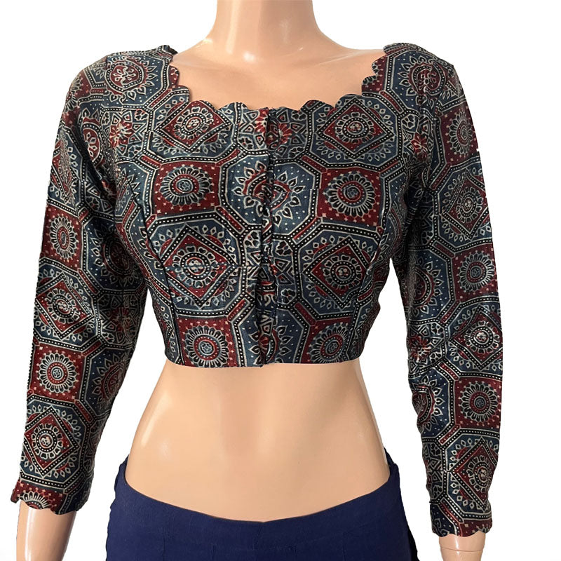 Gajji Silk Scallop neck Blouse, with Full Sleeves & Lining, Indigo blue, BS1170