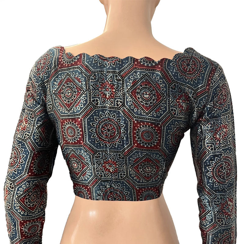 Gajji Silk Scallop neck Blouse, with Full Sleeves & Lining, Indigo blue, BS1170