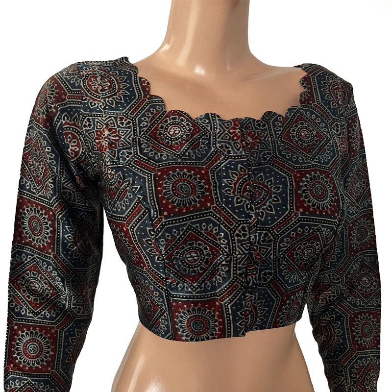 Gajji Silk Scallop neck Blouse, with Full Sleeves & Lining, Indigo blue, BS1170