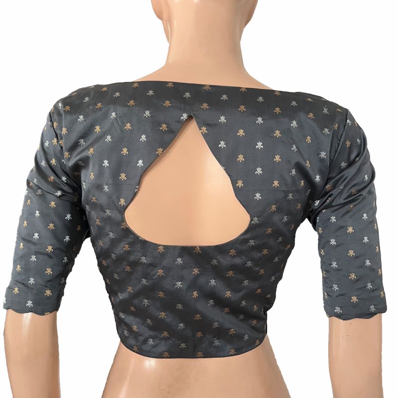 Banaras Art Silk Scallop neck Blouse with Golden Butta, Water drop hole in back & Lining,  Grey, BS1172 Banaras Art Silk Scallop neck Blouse with Golden Butta, Water drop hole in back & Lining,  Grey, BS1172