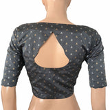 Banaras Art Silk Scallop neck Blouse with Golden Butta, Water drop hole in back & Lining,  Grey, BS1172 Banaras Art Silk Scallop neck Blouse with Golden Butta, Water drop hole in back & Lining,  Grey, BS1172