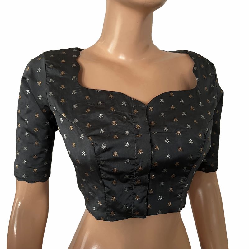 Banaras Art Silk Scallop neck Blouse with Golden Butta, Water drop hole in back & Lining,  Grey, BS1172 Banaras Art Silk Scallop neck Blouse with Golden Butta, Water drop hole in back & Lining,  Grey, BS1172