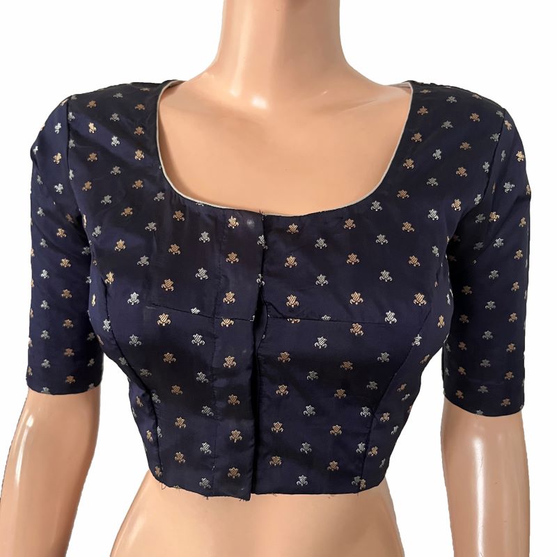 Banarasi Art Silk Square- U neck Blouse with Water drop hole in back, Golden Butta & Lining, Navy Blue, BS1173