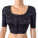 Banarasi Art Silk Square- U neck Blouse with Water drop hole in back, Golden Butta & Lining,  Navy Blue, BS1173 Banarasi Art Silk Square- U neck Blouse with Water drop hole in back, Golden Butta & Lining,  Navy Blue, BS1173