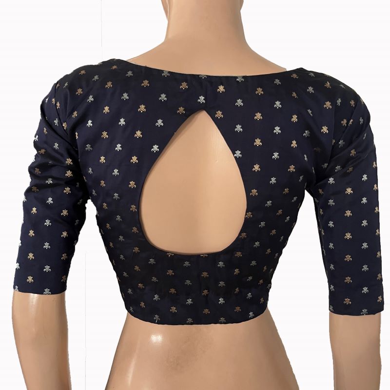Banarasi Art Silk Square- U neck Blouse with Water drop hole in back, Golden Butta & Lining,  Navy Blue, BS1173 Banarasi Art Silk Square- U neck Blouse with Water drop hole in back, Golden Butta & Lining,  Navy Blue, BS1173