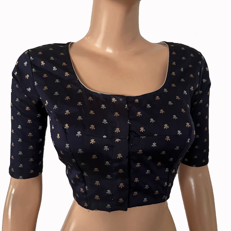 Banarasi Art Silk Square- U neck Blouse with Water drop hole in back, Golden Butta & Lining, Navy Blue, BS1173