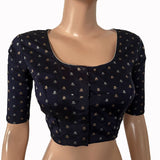 Banarasi Art Silk Square- U neck Blouse with Water drop hole in back, Golden Butta & Lining,  Navy Blue, BS1173 Banarasi Art Silk Square- U neck Blouse with Water drop hole in back, Golden Butta & Lining,  Navy Blue, BS1173