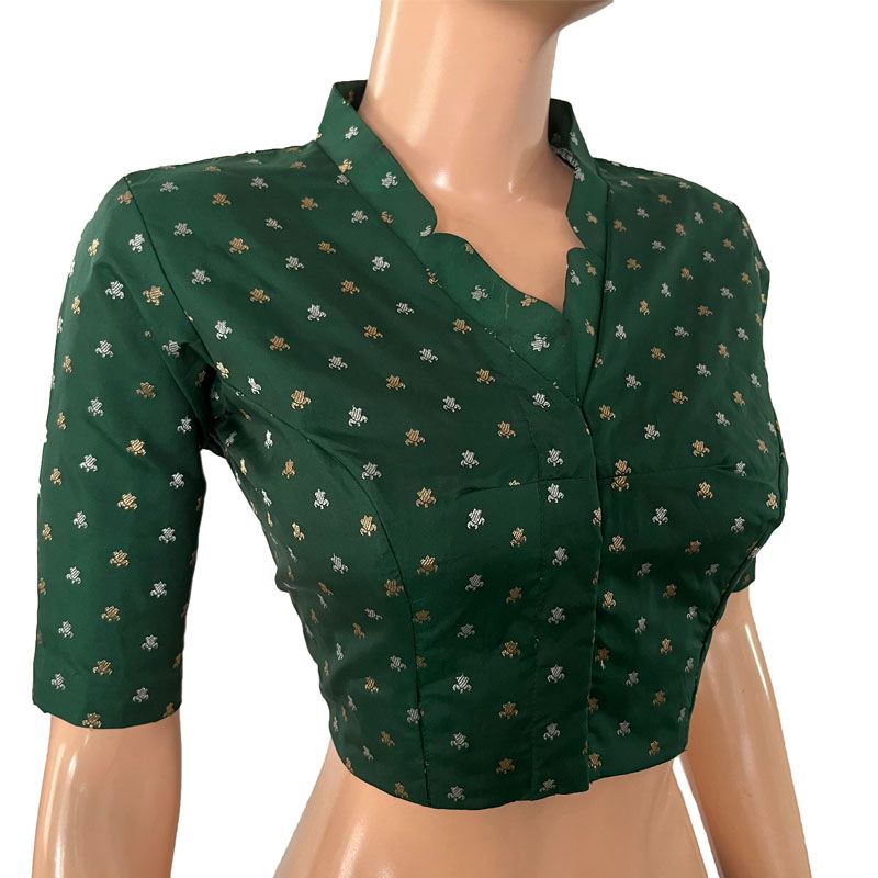 Banarasi Art Silk Collar Neck Blouse with Golden and Silver Butta & Lining, Bottle Green, BS1176