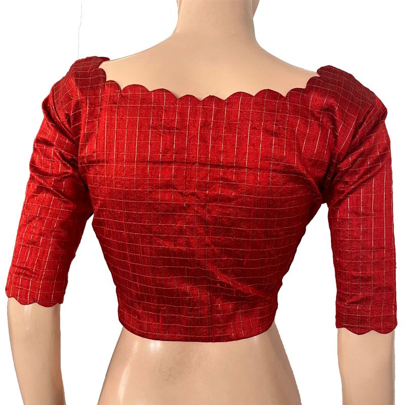 Semi Raw Silk Zari Checkered Scallop neck Blouse with Lining ,Maroon, BS1174