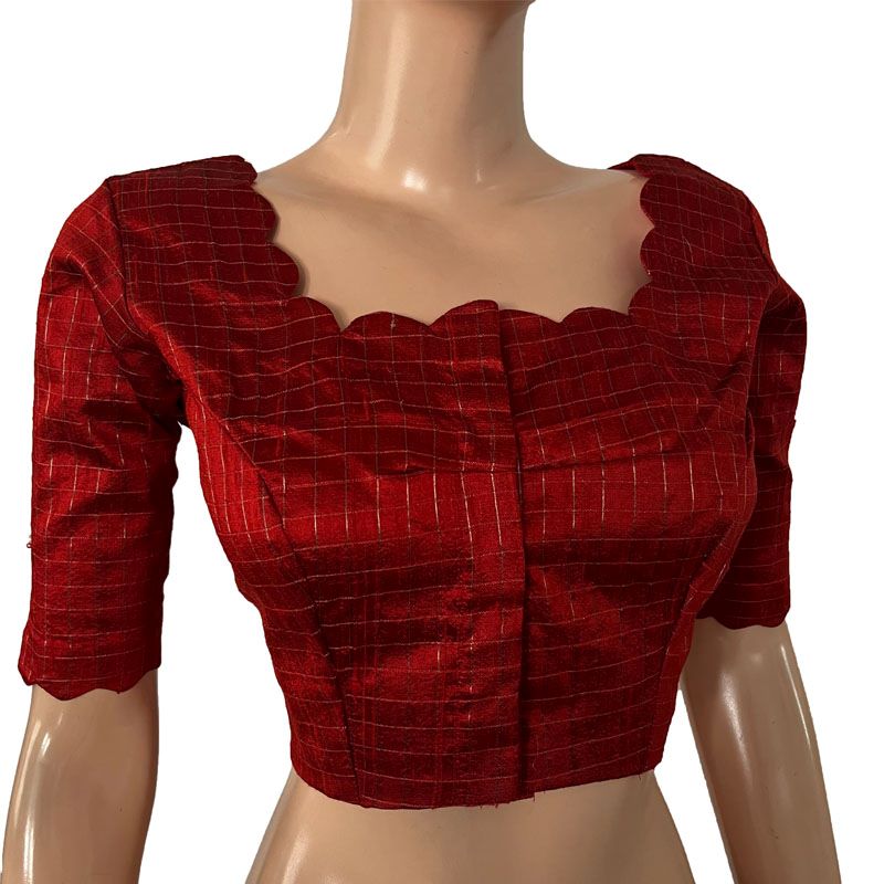 Semi Raw Silk Zari Checkered Scallop neck Blouse with Lining ,Maroon, BS1174
