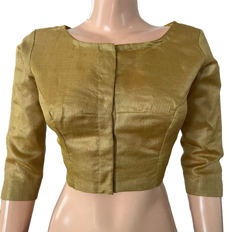 Pure Tusar Silk Zari woven Boat neck Blouse with 3/4 Sleeves and lining ,Golden Beige, BS1177