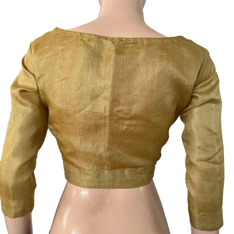 Pure Tusar Silk Zari woven Boat neck Blouse with 3/4 Sleeves and lining ,Golden Beige, BS1177