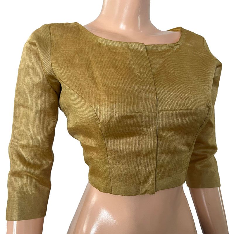 Pure Tusar Silk Zari woven Boat neck Blouse with 3/4 Sleeves and lining ,Golden Beige, BS1177