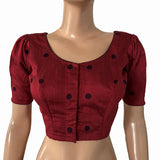 Semi Raw Silk Round neck Blouse with Woven thread Butta & Lining , V neck in back ,Puff sleeves & Potli Button Details , Maroon ,BS1181 Semi Raw Silk Round neck Blouse with Woven thread Butta & Lining , V neck in back ,Puff sleeves & Potli Button Details , Maroon ,BS1181