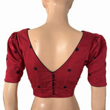 Semi Raw Silk Round neck Blouse with Woven thread Butta & Lining , V neck in back ,Puff sleeves & Potli Button Details , Maroon ,BS1181 Semi Raw Silk Round neck Blouse with Woven thread Butta & Lining , V neck in back ,Puff sleeves & Potli Button Details , Maroon ,BS1181