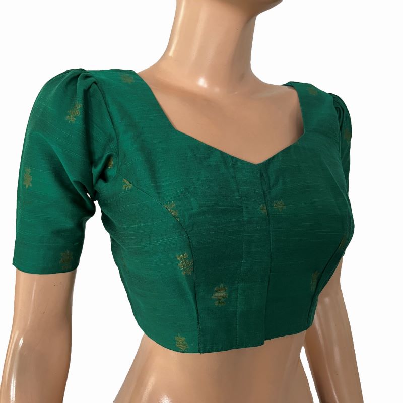 Semi Raw Silk Sweetheart neck Blouse with Golden Butta, Deep Scallop back, Puff sleeves & Lining, Teal Green, BS1182 Semi Raw Silk Sweetheart neck Blouse with Golden Butta, Deep Scallop back, Puff sleeves & Lining, Teal Green, BS1182
