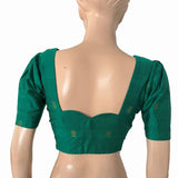 Semi Raw Silk Sweetheart neck Blouse with Golden Butta, Deep Scallop back, Puff sleeves & Lining, Teal Green, BS1182 Semi Raw Silk Sweetheart neck Blouse with Golden Butta, Deep Scallop back, Puff sleeves & Lining, Teal Green, BS1182