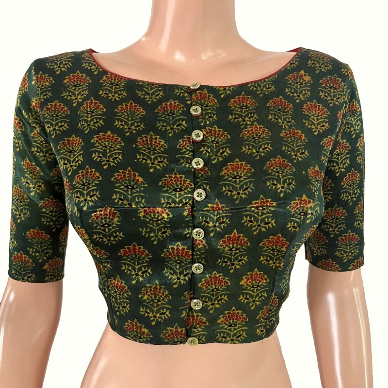 Ajrakh Block Printed Gajji Silk Boat Neck blouse with Button Details, Green ,BS1184 Ajrakh Block Printed Gajji Silk Boat Neck blouse with Button Details, Green ,BS1184