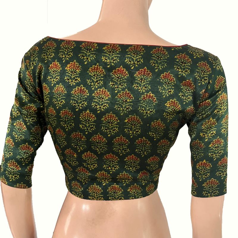 Ajrakh Block Printed Gajji Silk Boat Neck blouse with Button Details, Green ,BS1184 Ajrakh Block Printed Gajji Silk Boat Neck blouse with Button Details, Green ,BS1184
