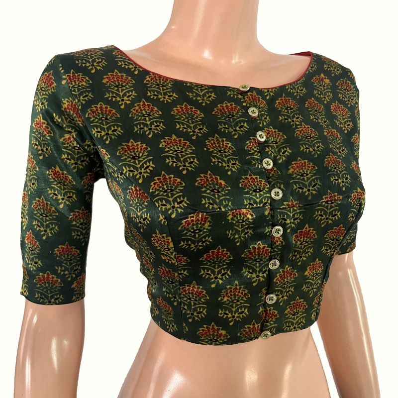 Ajrakh Block Printed Gajji Silk Boat Neck blouse with Button Details, Green ,BS1184 Ajrakh Block Printed Gajji Silk Boat Neck blouse with Button Details, Green ,BS1184
