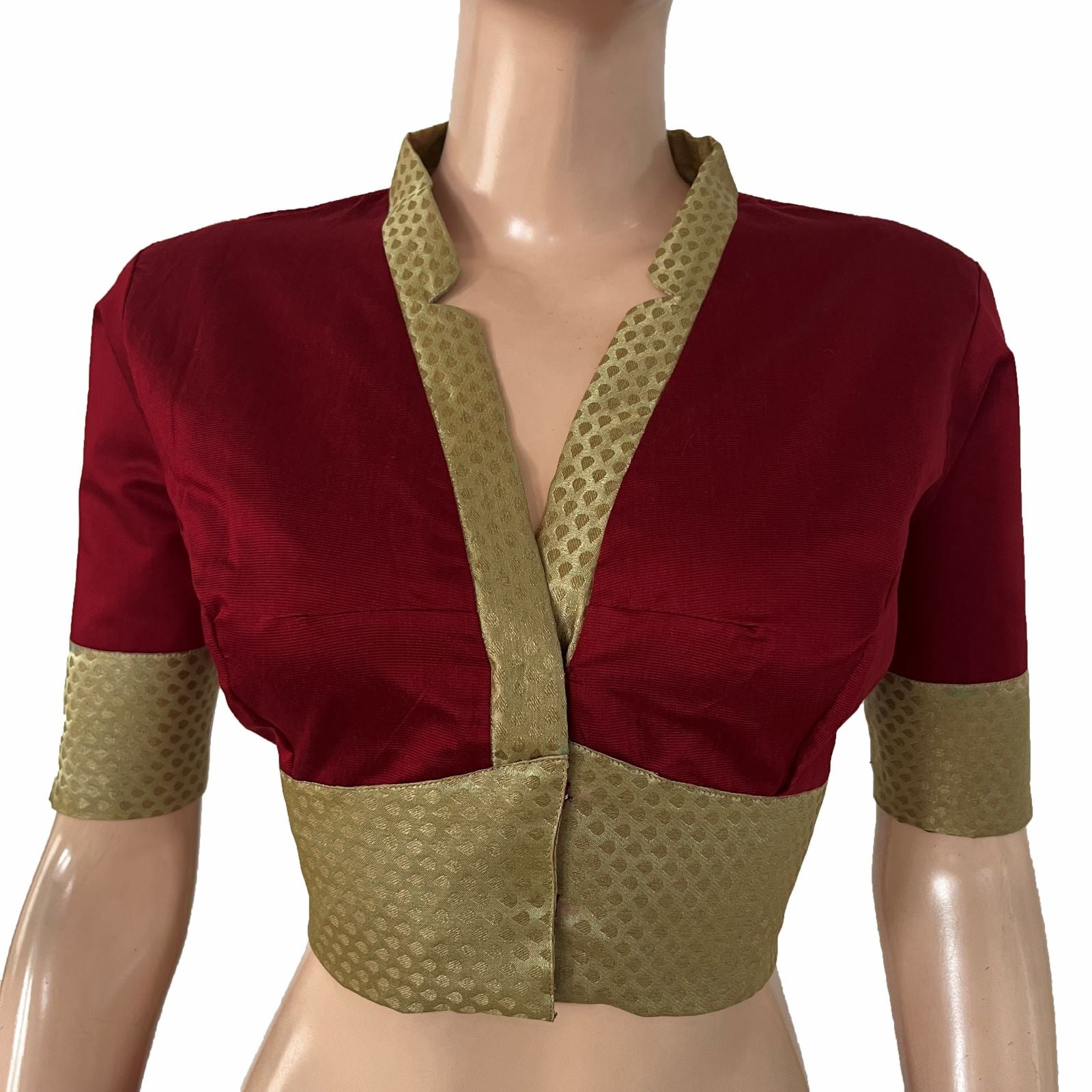 Art Silk V Collar with Banarasi Brocade Patches Blouse and Lining, Beige -Maroon ,BS1185