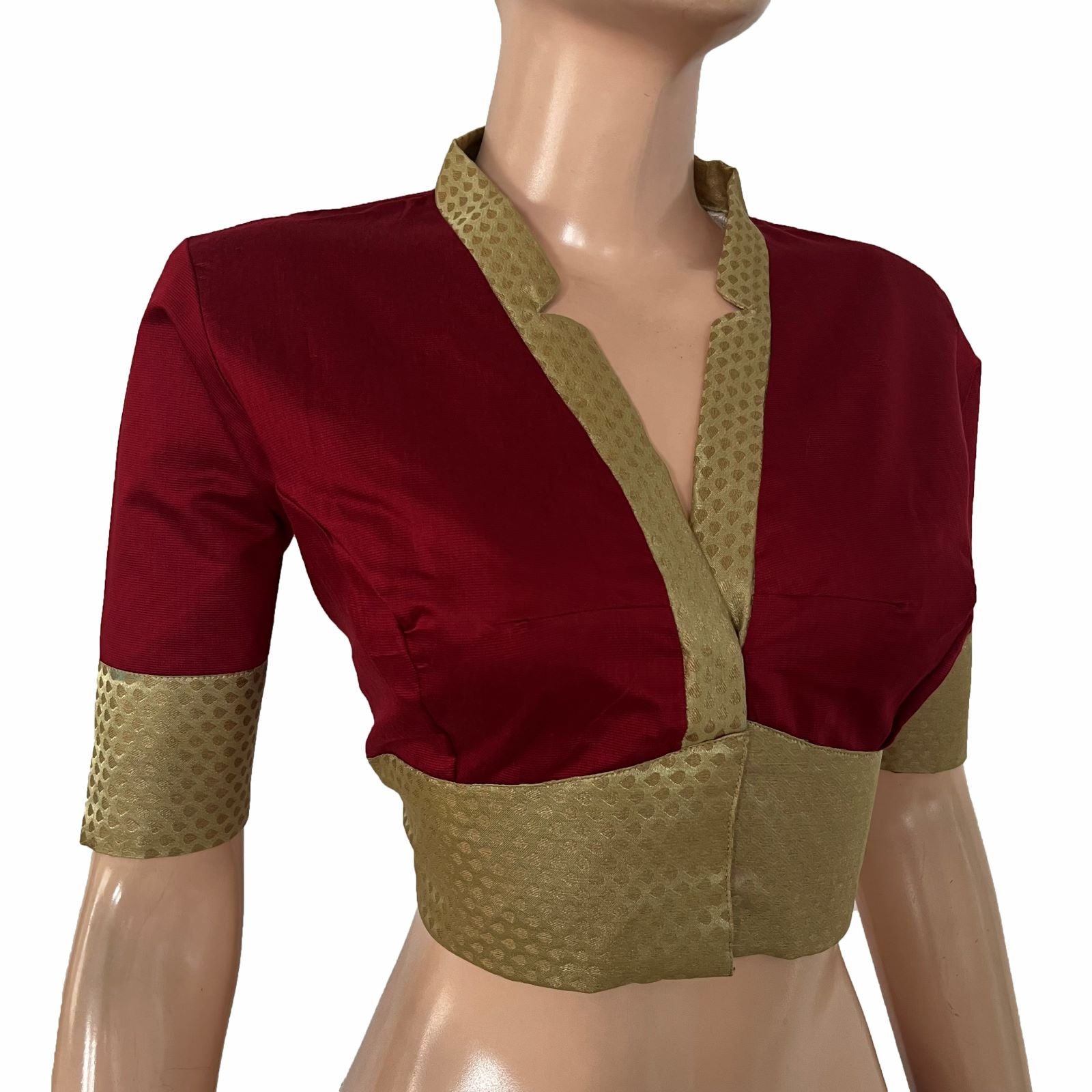 Art Silk V Collar with Banarasi Brocade Patches Blouse and Lining, Beige -Maroon ,BS1185