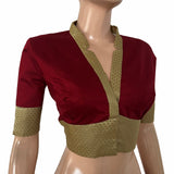 Art Silk V Collar with Banarasi Brocade Patches Blouse and  Lining, Beige -Maroon ,BS1185 Art Silk V Collar with Banarasi Brocade Patches Blouse and  Lining, Beige -Maroon ,BS1185