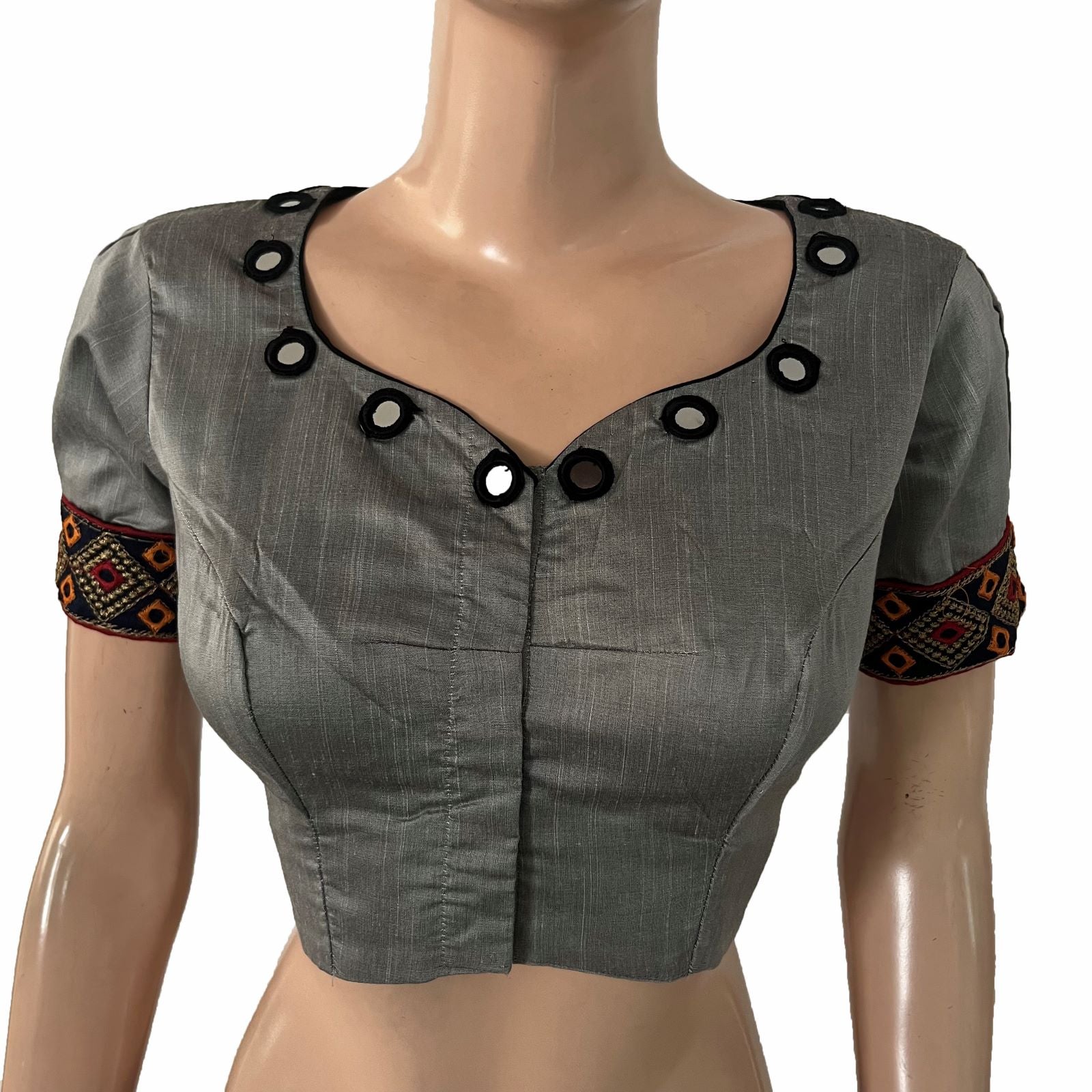 Semi-Raw Silk Y Neck Blouse with Embroidered Mirror Work & Puff Sleeves and Lining ,Grey ,BS1188