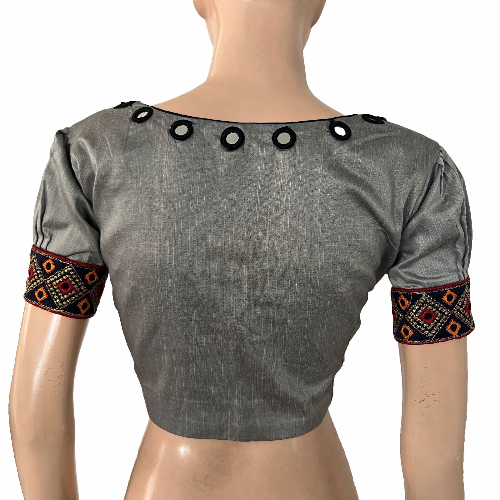 Semi-Raw Silk Y Neck Blouse with Embroidered Mirror Work & Puff Sleeves and  Lining ,Grey ,BS1188 Semi-Raw Silk Y Neck Blouse with Embroidered Mirror Work & Puff Sleeves and  Lining ,Grey ,BS1188