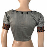 Semi-Raw Silk Y Neck Blouse with Embroidered Mirror Work & Puff Sleeves and  Lining ,Grey ,BS1188 Semi-Raw Silk Y Neck Blouse with Embroidered Mirror Work & Puff Sleeves and  Lining ,Grey ,BS1188