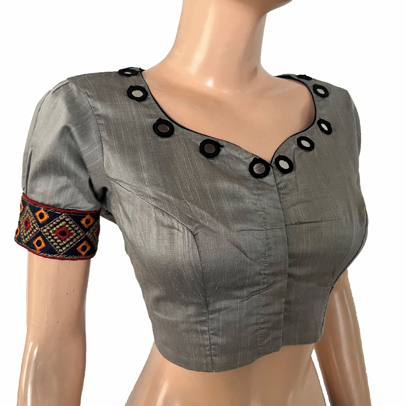 Semi-Raw Silk Y Neck Blouse with Embroidered Mirror Work & Puff Sleeves and Lining ,Grey ,BS1188