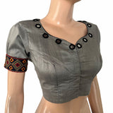 Semi-Raw Silk Y Neck Blouse with Embroidered Mirror Work & Puff Sleeves and  Lining ,Grey ,BS1188 Semi-Raw Silk Y Neck Blouse with Embroidered Mirror Work & Puff Sleeves and  Lining ,Grey ,BS1188