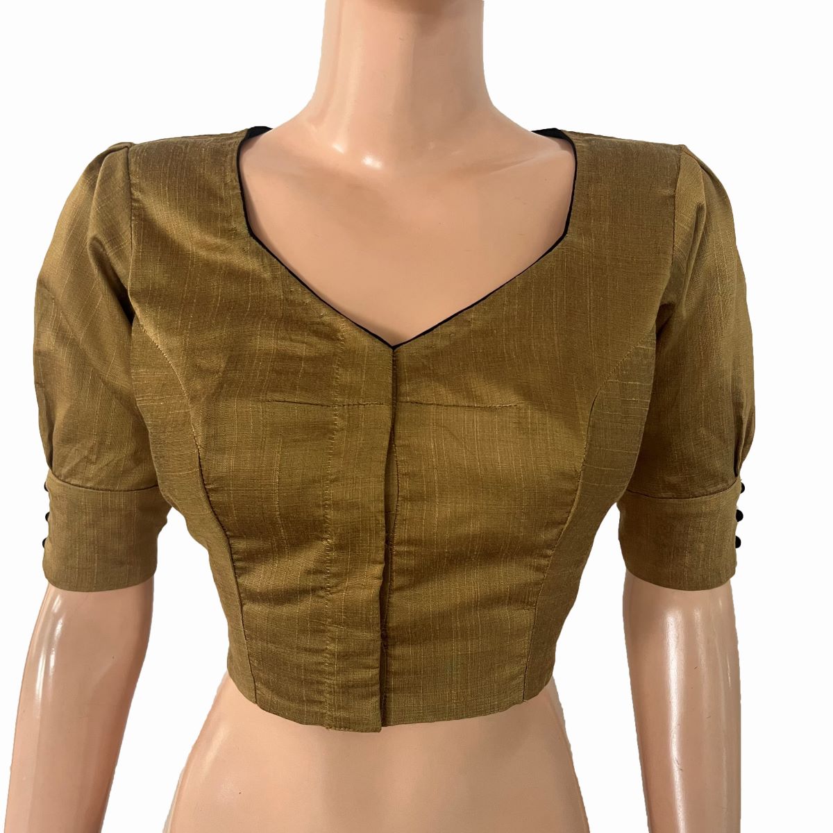 Semi-Raw Silk Sweetheart Neck  Blouse with Puff Sleeves, Lining  & Potli Button Details, Golden Brown ,BS1190 Semi-Raw Silk Sweetheart Neck  Blouse with Puff Sleeves, Lining  & Potli Button Details, Golden Brown ,BS1190