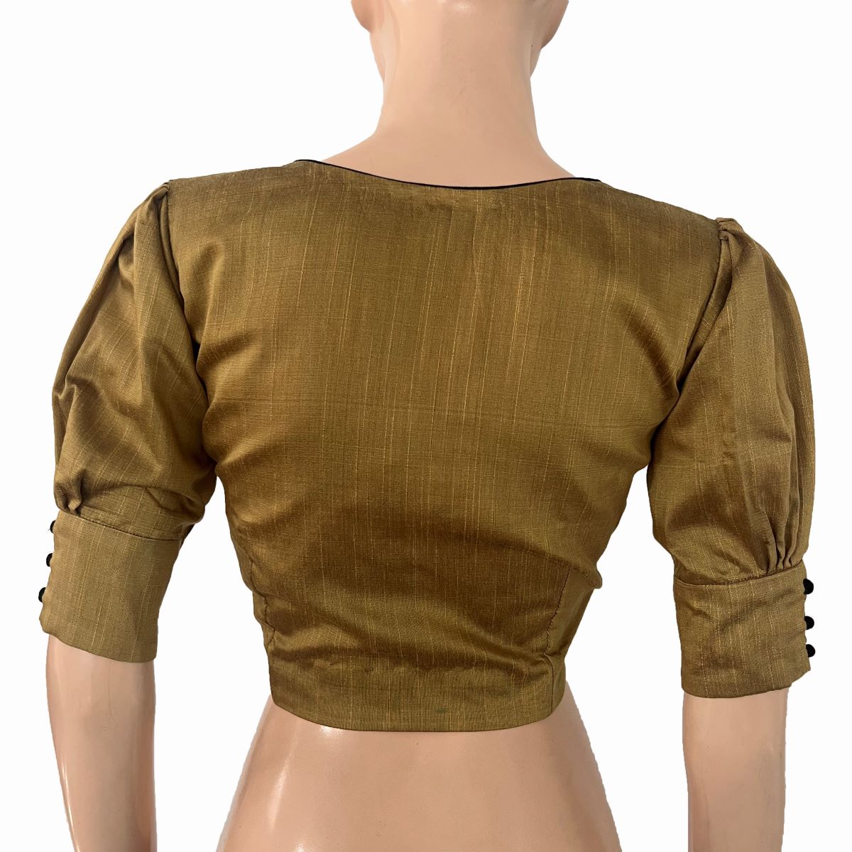 Semi-Raw Silk Sweetheart Neck Blouse with Puff Sleeves, Lining & Potli Button Details, Golden Brown ,BS1190