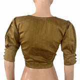 Semi-Raw Silk Sweetheart Neck  Blouse with Puff Sleeves, Lining  & Potli Button Details, Golden Brown ,BS1190 Semi-Raw Silk Sweetheart Neck  Blouse with Puff Sleeves, Lining  & Potli Button Details, Golden Brown ,BS1190